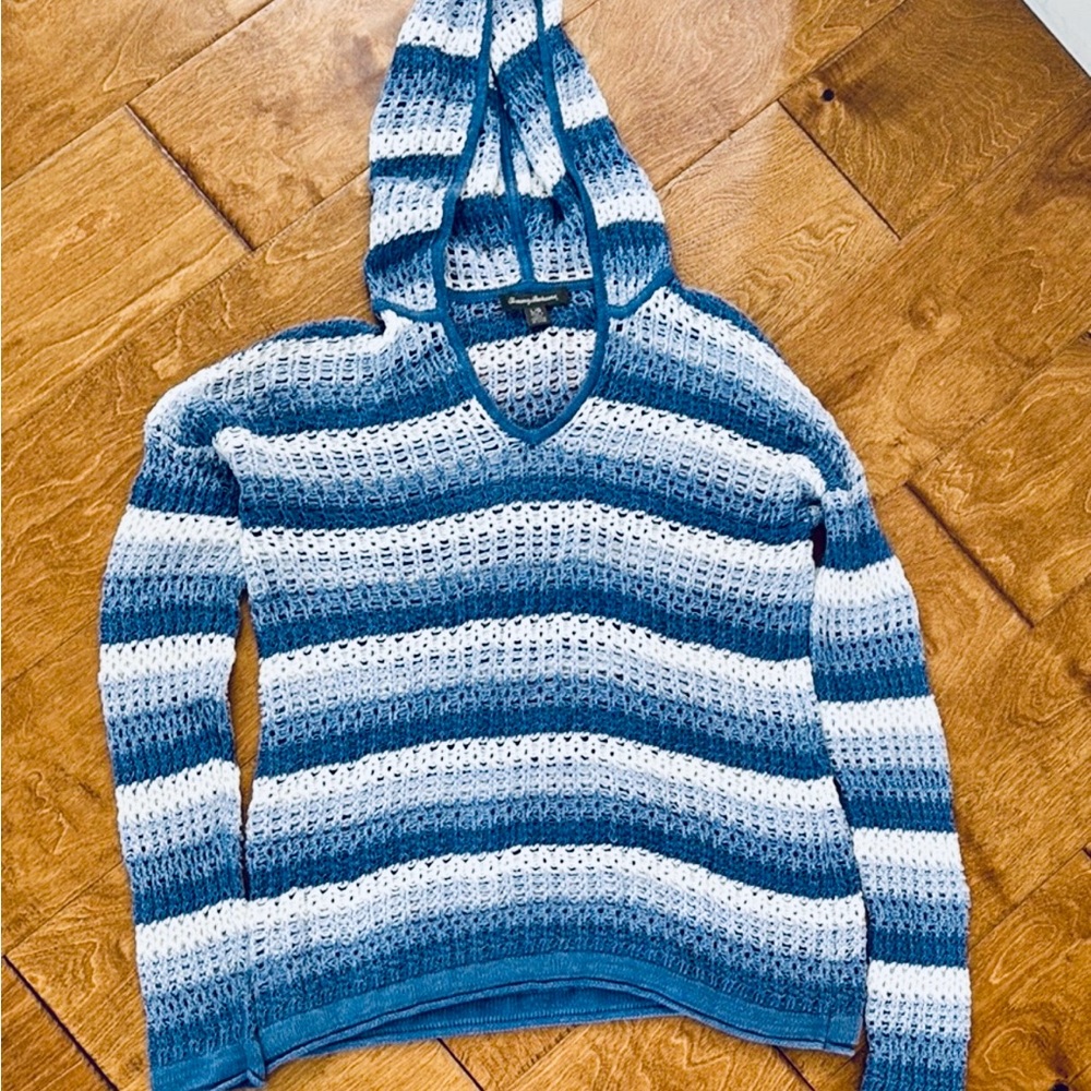 Tommy Bahama Blue and White Striped Hooded Sweater
